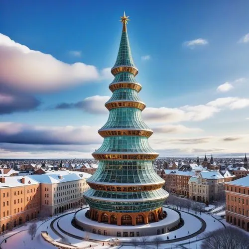 a very tall green and gold building on top of a snow covered street,stone pagoda,kerschbaum,pagodas,tannenbaum,gerkin,asian architecture,sky tree,christmas bell,harbin,chortens