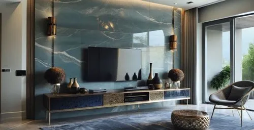 A modern Tv wall design for a modern Villa .,a room with a blue, white, and beige design,interior modern design,modern decor,luxury bathroom,contemporary decor,modern room,interior decoration