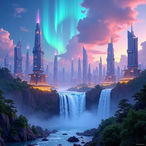 A mesmerizing digital artwork: An intricate, futuristic city with a gigantic waterfall in the foreground, with towering skyscrapers and neon lights enhancing its otherworldly appearance. The central f