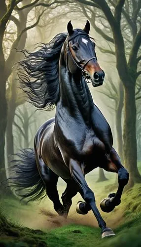 Majestic 5 legged horse, mythical creature, shiny black coat, muscular body, detailed mane, golden horseshoes, sparkling eyes, strong legs, dynamic pose, galloping, fantasy world, misty forest, ancien