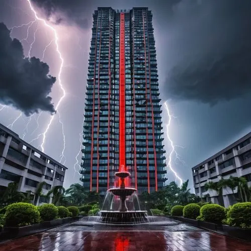 atmosphere of dread and mystery, Dark Materials Red Lightis Architectual combination of safety and Danger in a Building black stone, Storm, lightning, dark future, horror house luxury residence, nice 