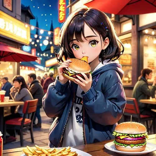 japanese style, manga, realistic,girl,eating burger,the girl is eating her burger outside at the restaurant,megumi,rimi,hamburger,big hamburger,mizuhara,nanako,Anime,Anime,Cartoon