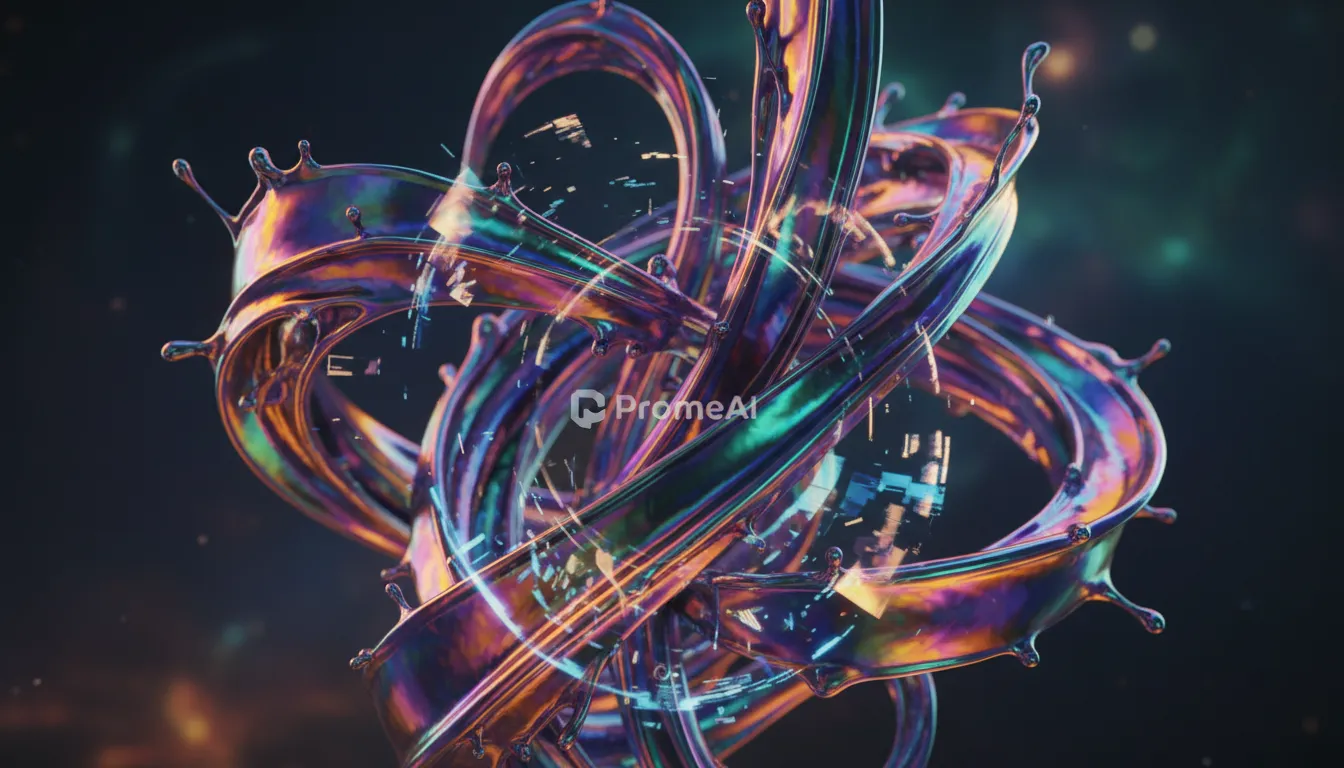 PromeAI से बनाई गई, इंद्रधनुषी और होलोग्राफ़िक गुणों वाली एक अति-यथार्थवादी लिक्विड मेटल मूर्तिकला का क्लोज़-अप।