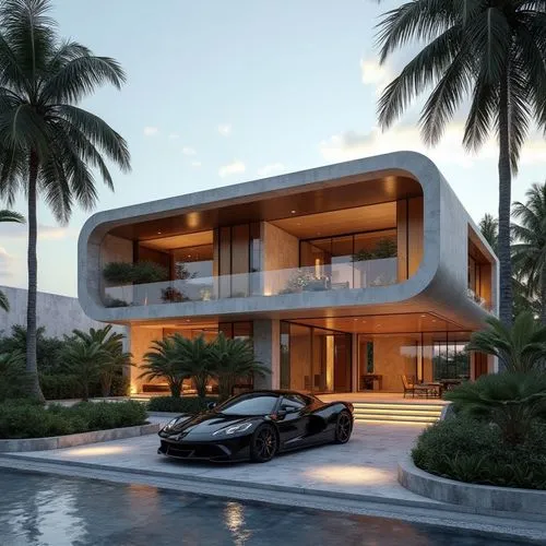 A hyper-realistic, high-resolution architectural photograph of an ultra-modern, luxury residence at dusk, showcasing a sleek, curvilinear façade composed of smooth stone panels, dark metal accents, an