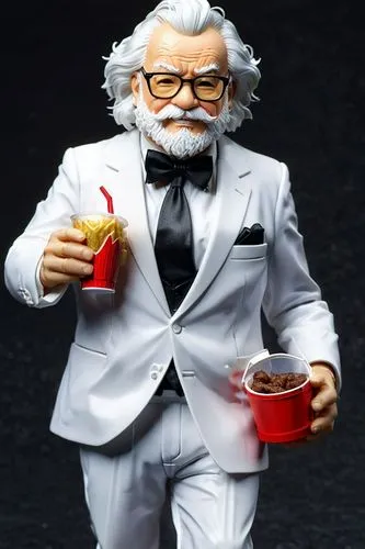 The KFC grandpa, wearing a white suit, white suit pants, and a black bow tie, has white hair, a white beard, black-framed glasses, and a slightly fat body with a belly. He holds a cup of Coke in one h