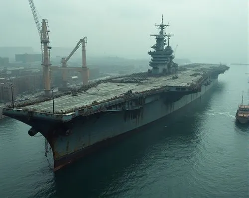 一艘正在充滿油汙,雜亂的軍港等待拆卸的航空母艦,a large navy ship in the water surrounded by tall cranes,uss carl vinson,aircraft carrier,uss kitty hawk,drydock,cvn,supercarriers