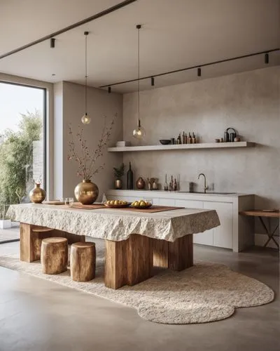 a stone table and stool in a room with a large window,tile kitchen,kitchen design,modern kitchen interior,travertine,kitchen interior,modern kitchen,modern minimalist kitchen,scavolini,ceramiche,minot