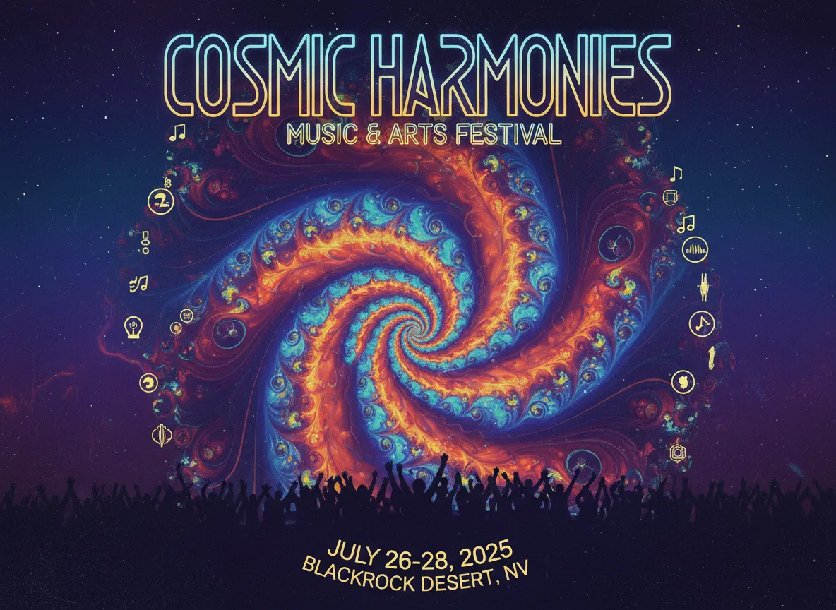 एक संगीत समारोह पोस्टर का मॉकअप जो अपने केंद्रीय दृश्य तत्व के रूप में एक नाटकीय Mandelbrot डिज़ाइन का उपयोग करता है।