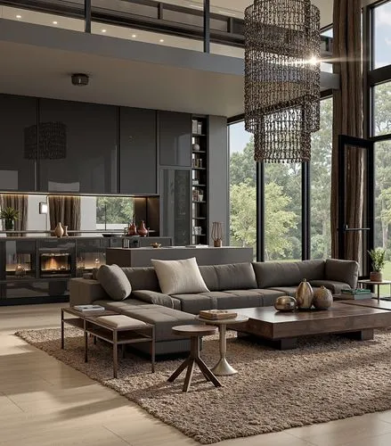 A luxurious industrial-style loft with double-height ceilings, featuring matte black cabinets, a large leather sectional sofa, and a dramatic chain-link chandelier. The space is open and airy with flo