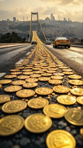 Istanbul city, concrete roads paved with gold coins,coins,digital currency,cryptocoin,auto financing,bit coin,connectcompetition,coins stacks,coin,crypto currency,crypto-currency,road of the impossibl