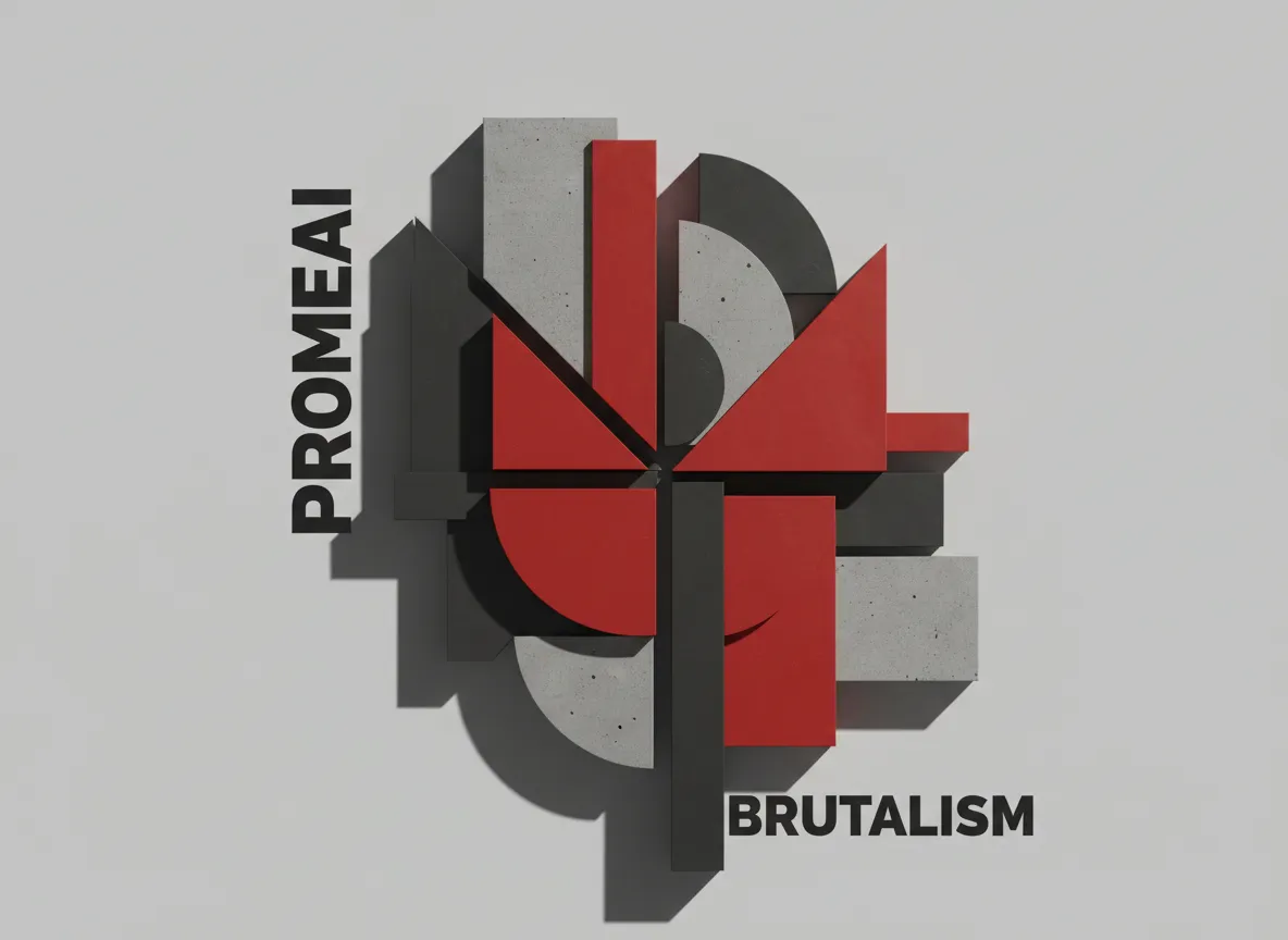 Un design di manifesto brutalista con forme geometriche pulite e sovrapposte nei toni del grigio e del rosso, creato con PromeAI.