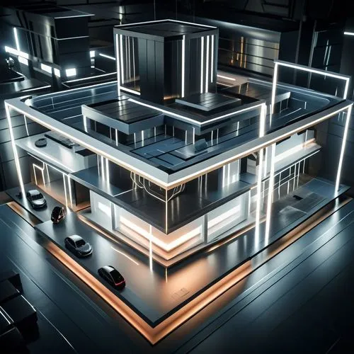 a futuristic building with two floors and lots of windows,cubic house,stage design,cube house,lighting system,hypercube,render,cubic,construction set,modularity,modern office,cube background,theater s