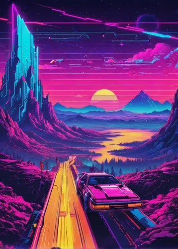 Explore the magnificence of God's creation amidst a mountain range.,80's design,80s,retro background,futuristic landscape,neon arrows,3d car wallpaper,highway,mountain road,wallpaper roll,hd wallpaper