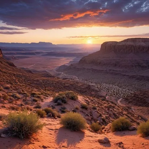 a desert plateau at sunset,the sun is setting in the desert below the canyon,desert desert landscape,desert landscape,arid landscape,grand canyon,flaming mountains,big bend,capture desert,the desert,w