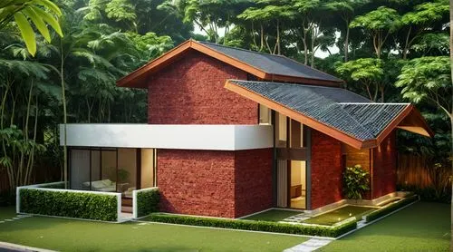 "Generate a high-quality architectural render of a cozy outdoor space featuring a brick wall with Mangalore tiles. The bricks have a warm, earthy tone, and the Mangalore tiles add a rustic, traditiona