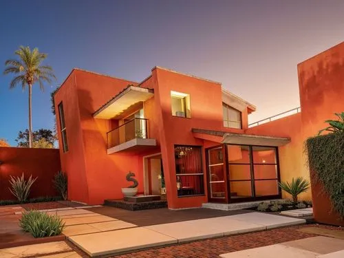 A contemporary, two-story, Mexican-style house at dusk, with dim ambient lighting and a starry sky amidst a tropical landscape. It is predominantly white, with a bright yellow accent wall as its disti