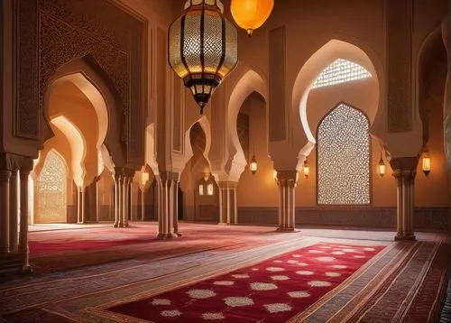 Luxurious Arabic interior, grand mosque-inspired architecture, intricately patterned rug, ornate golden lanterns, velvet drapes with Islamic geometric patterns, intricately carved wooden furniture, pl