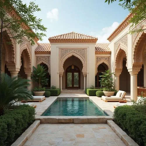 Design a Moroccan-inspired villa with intricate mashrabiya screens, a central courtyard, and traditional zellige tiles,an elegant patio with a pool and lots of greenery,amanresorts,riad,dorne,moroccan