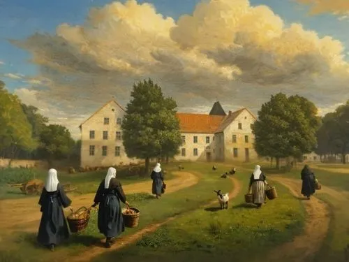 add gray goats and geese, canvas painting style,nuns,sedlacek,convent,heemskerck,mesdag,agricultural scene,seminary,village scene,church painting,trappists,benedictines,dutch landscape,nunnery,pilgrim