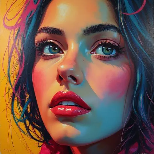 a woman with blue hair, and red lipstick,digital painting,face portrait,alita,world digital painting,girl portrait,digital art,hand digital painting,woman portrait,fantasy portrait,digital artwork,dig