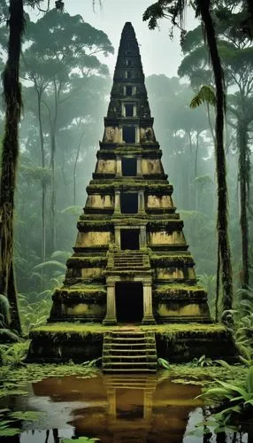 A ruined pyramid in the middle of the Amazon rainforest on a rainy day in A terryfing atmosfere in a louisiana swamps, splatterhouse style, gothic vibes, horror atmosphere,step pyramid,eastern pyramid