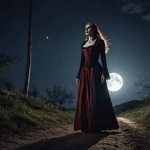 woman in dress standing on dirt road at night,vampire woman,red riding hood,vampire lady,sorceresses,bewitching,nightdress,bewitch,moonlighters,scarlet witch,sorceress,witching,lady of the night,littl