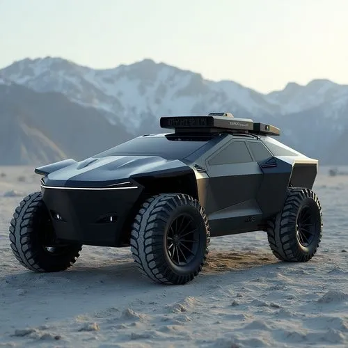 A stealth-inspired electric SUV designed for adventure in remote locations. The vehicle has a matte black exterior with angular, armored panels that are both tough and lightweight. The tires are large