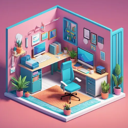 Interior design of a studio, with a computer in the room, trending color palette, by Leo Natsume, 3D illustration, pop up color, vibrant, fine detail, 8K, high quality,an apartment,isometric,3d mockup