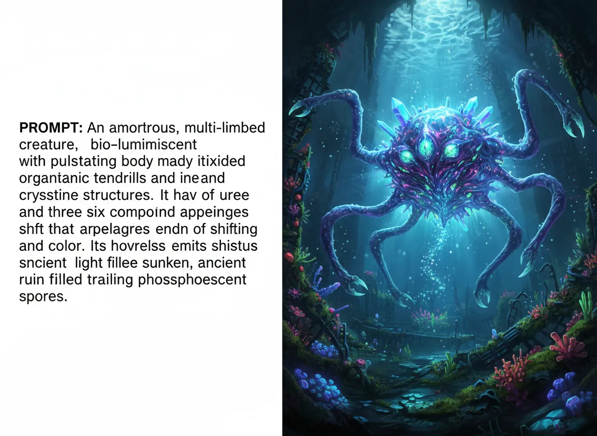 Un dittico che mostra un prompt di testo per una 'creatura amorfa e multiforme' da un lato e l'arte della creatura bio-organica generata dall'IA dall'altro.