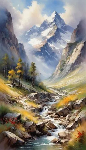  wild angle view,a painting of a stream running through a mountain landscape,alpine landscape,mountain landscape,mountain scene,landscape background,mountainous landscape,autumn mountains,landscape mo