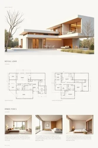 A professional architectural presentation board with a Pure background and a clean, minimalist design layout. The board includes:
Top Section: On the top left, a photorealistic render of a contempora