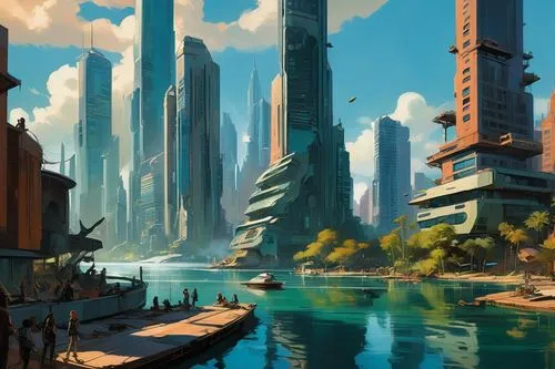  Game Scene, Wild angle view  Game Scene, Wild angle view a beautiful utopia  futuristic city, on the lake shore, modern  buildings,painting of cityscape near waterway with numerous boat traffic,futur