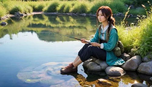 a woman sitting on a rock fishing on the edge of a lake,girl on the river,landscape background,fishpond,background view nature,relaxed young girl,woman at the well