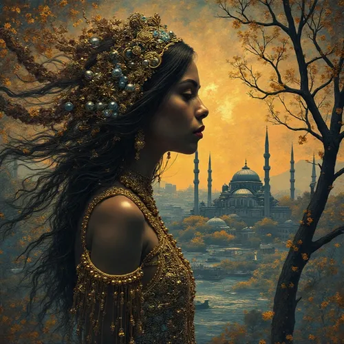 fantasy portrait,fantasy art,gold filigree,fantasy picture,mystical portrait of a girl,golden crown,world digital painting,golden wreath,orientalist,the enchantress,girl with tree,bohemian art,golden 