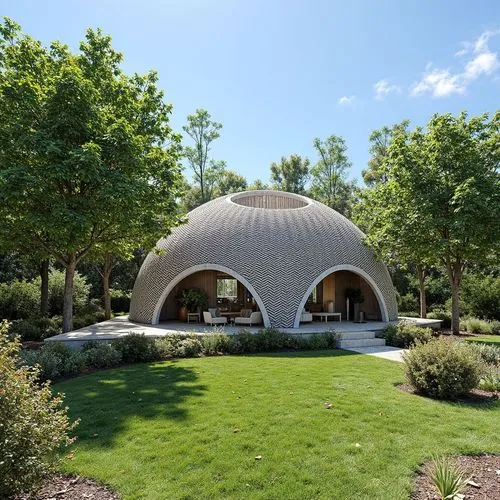 1. Forma general del domo:

Estructura semi ovalada con textura entrelazada en patrón de trenzado, hecha de concreto tipo concreto impreso en 3D. 100 mts2. máx. 10 metros de altura

El entorno es un p