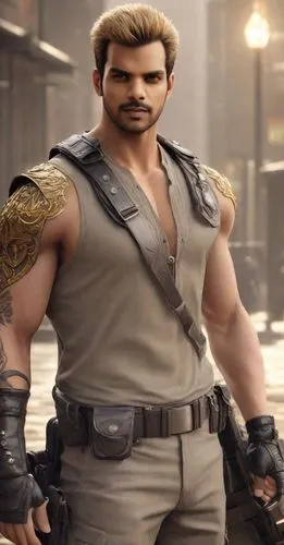"wearing golden spectacles, rugged looking muscular albert wesker from resident evil,a man with gloves and leathers is posing,male character,tangelo,mercenary,edge muscle,ken,game character,herculean,
