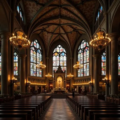Mysterious Gothic cathedral, vaulted ceilings, stained glass windows, ornate stone carvings, grand chandeliers, warm golden lighting, soft candlelight, dramatic shadows, intricate frescoes, rich wood 