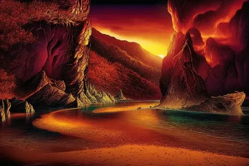 a mountain is illuminated by the sunset and some rocks,volcanic landscape,fantasy landscape,cartoon video game background,lava river,landscape background,desert landscape,virtual landscape,volcanic la