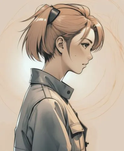 Illustration plate vectorielle d'un personnage d'anime minimaliste aux contours noirs soignés épais. Le personnage présente des proportions humaines réalistes, avec des cheveux coupe garçone. Vêtement