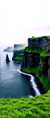 Cliffs of Moher, Ireland, majestic landscape, rugged cliffs, ocean waves crashing, green grass, misty atmosphere, morning sunlight, panoramic view, wide-angle lens, cinematic composition, vibrant colo