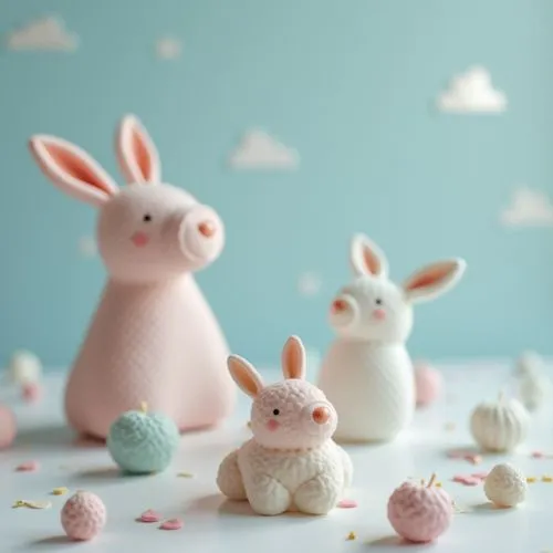 exclusive kids room elegant decoration on table,delicate ,pastel colors,blured background,zoom focus
,a couple of bunny figurines standing on top of a table,rabbit family,marzipan figures,felt baby it