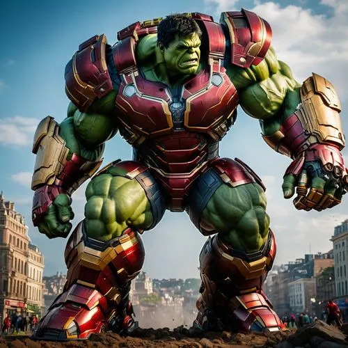 Hulk saindo de dentro da armadura do Hulkbuster,an avengers statue is in the middle of the street,avenger hulk hero,hulk,hulking,incredible hulk,minion hulk,colossus,cleanup,hulks,avenger,marvels,asse