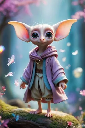 shabby chic dreamy mist pastel junk journals 
whimsical cute quirky harry potter style Dobby with big eyes in odd clothings, tamara laporte style, 
swirling magical fairytale abstract art style,a litt