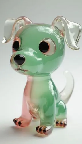 [dog] figurine by glass, in the style of layered translucency, [green] and [pink], Light], 20 megapixels, transparency,this is a toy figurine, which looks like a dog,frog figure,toy dog,color rat,gumm