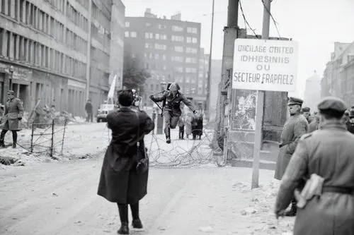 A wider black-and-white view of the divided streets of Berlin during the height of the Cold War. To the left of the leaping soldier, more armed guards patrol near makeshift barricades, their faces ten