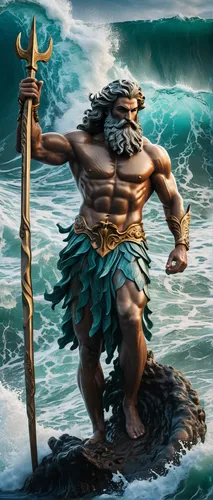 Realistic photo of the god Poseidon with his trident, emerging from the sea waves.,sea god,poseidon,god of the sea,poseidon god face,sea man,neptune,merman,el mar,lord shiva,mergus,wind warrior,man at