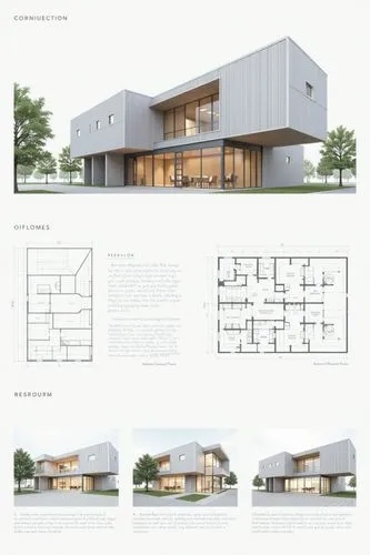 A professional architectural presentation board with a Pure background and a clean, minimalist design layout. The board includes:

Top Section: On the top left, a photorealistic render of a contempora