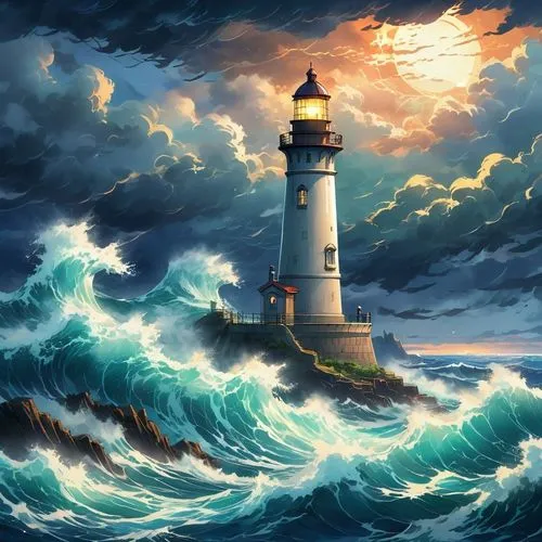 A picturesque 1802 lighthouse, its soft light casting a warm glow on the turbulent ocean waves and brooding sky, creating a serene yet dramatic contrast with the stormy seas and dark clouds in the bac