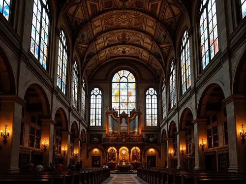 Vaulted ceilings, stained glass windows, ornate chandeliers, grandiose pipe organs, intricate stone carvings, majestic altars, solemn atmosphere, dim warm lighting, rich wood tones, ornamental frescoe