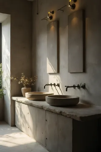a double sink in front of mirrors with lighting around it,tile kitchen,ceramiche,countertops,kitchen design,modern minimalist bathroom,corian